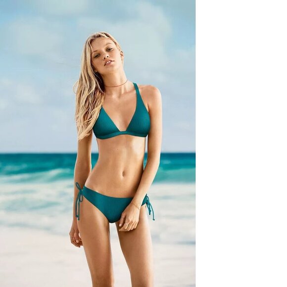 Victoria's Secret swim set PINK Ribbed Lace-Up Racerback Triangle cheekster, szL - Picture 8 of 8